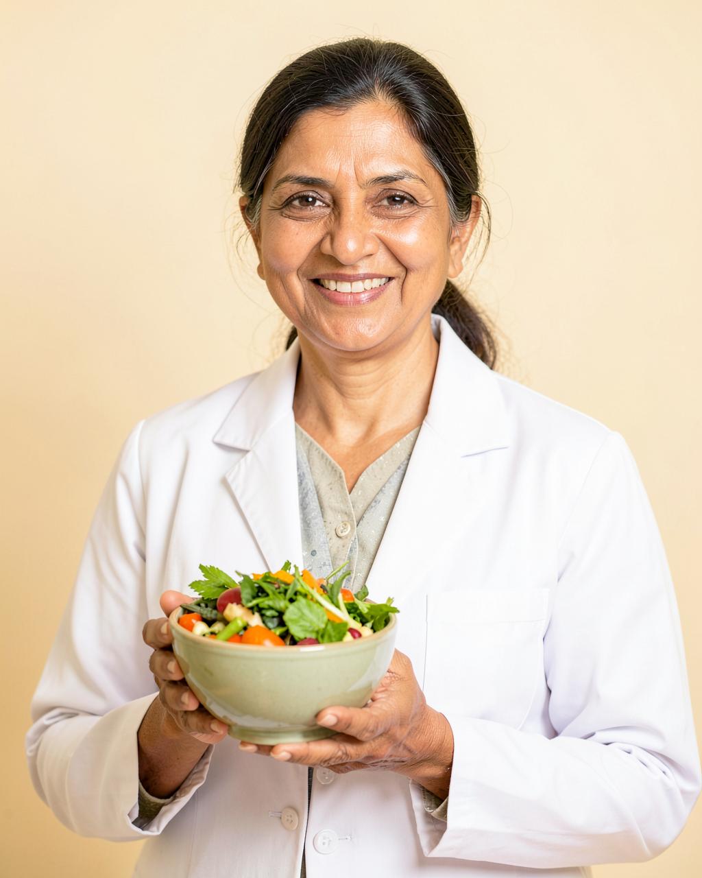 Consultant nutritionist holding a bowl of vegetables